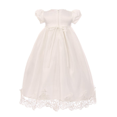Rain Kids Baby Girls White Lace Satin Tulle Overlay Bonnet Baptism Dress 0-12M - SophiasStyle.com